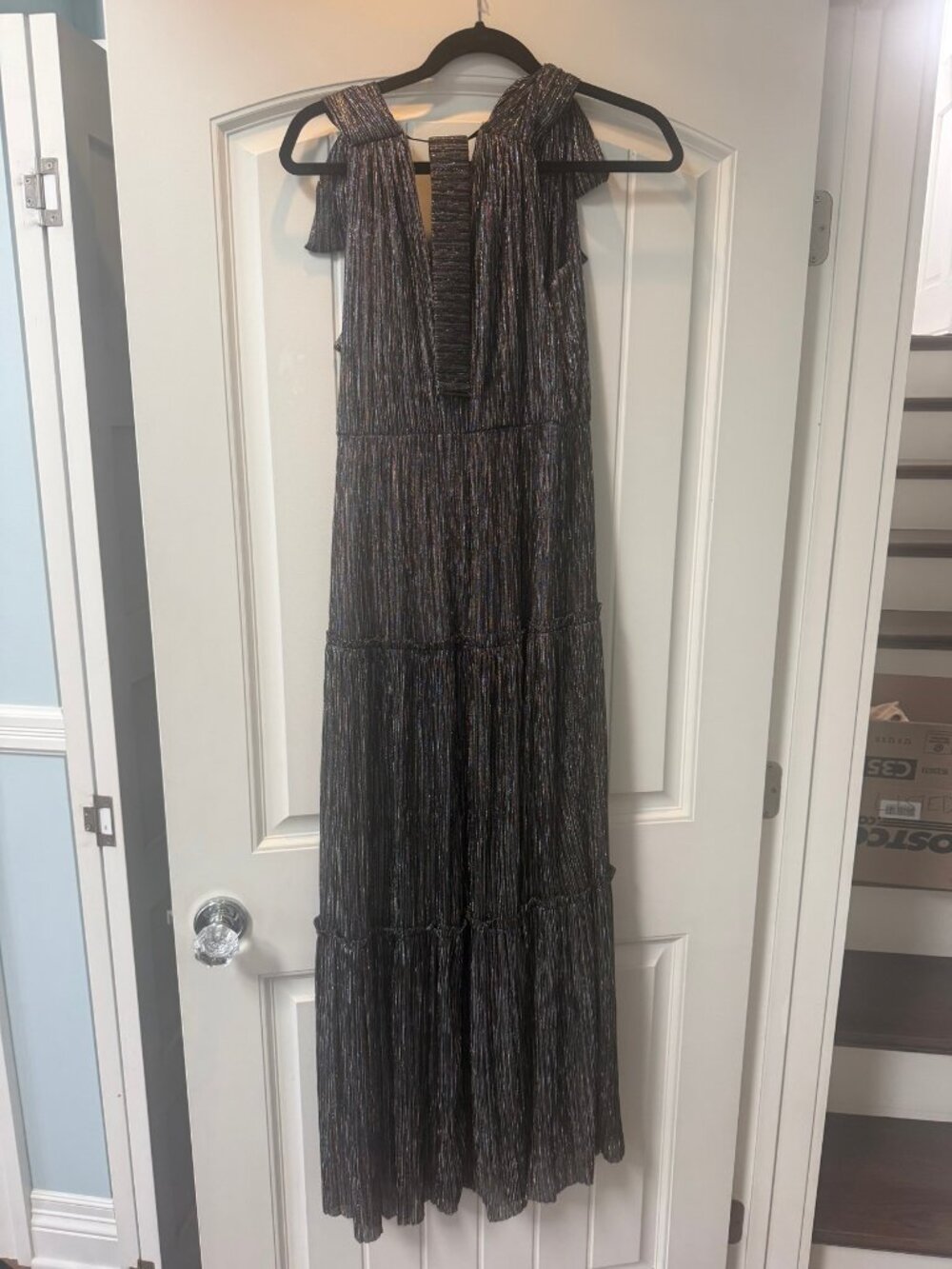 Sabina Musayev Judith Gown M Metallic Pleated Tiered Maxi Dress Gunmetal